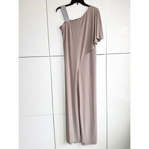 R & M Richard’s Asymmetrical Jumpsuit Taupe Color Size 6 Dressy Evening